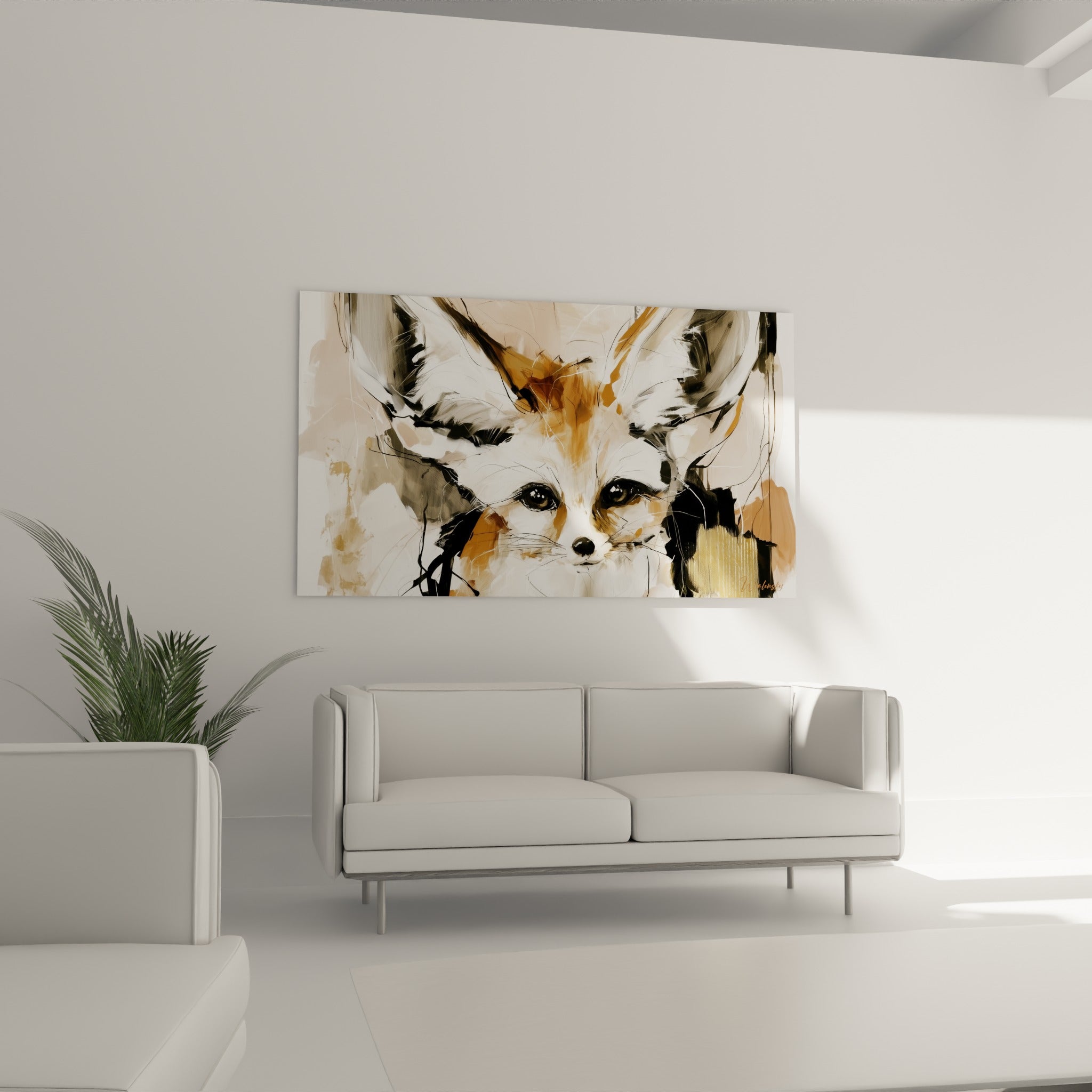 Museau noir du fennec entouré de tons crème et bruns au-dessus d'un canapé dans un salon lumineux