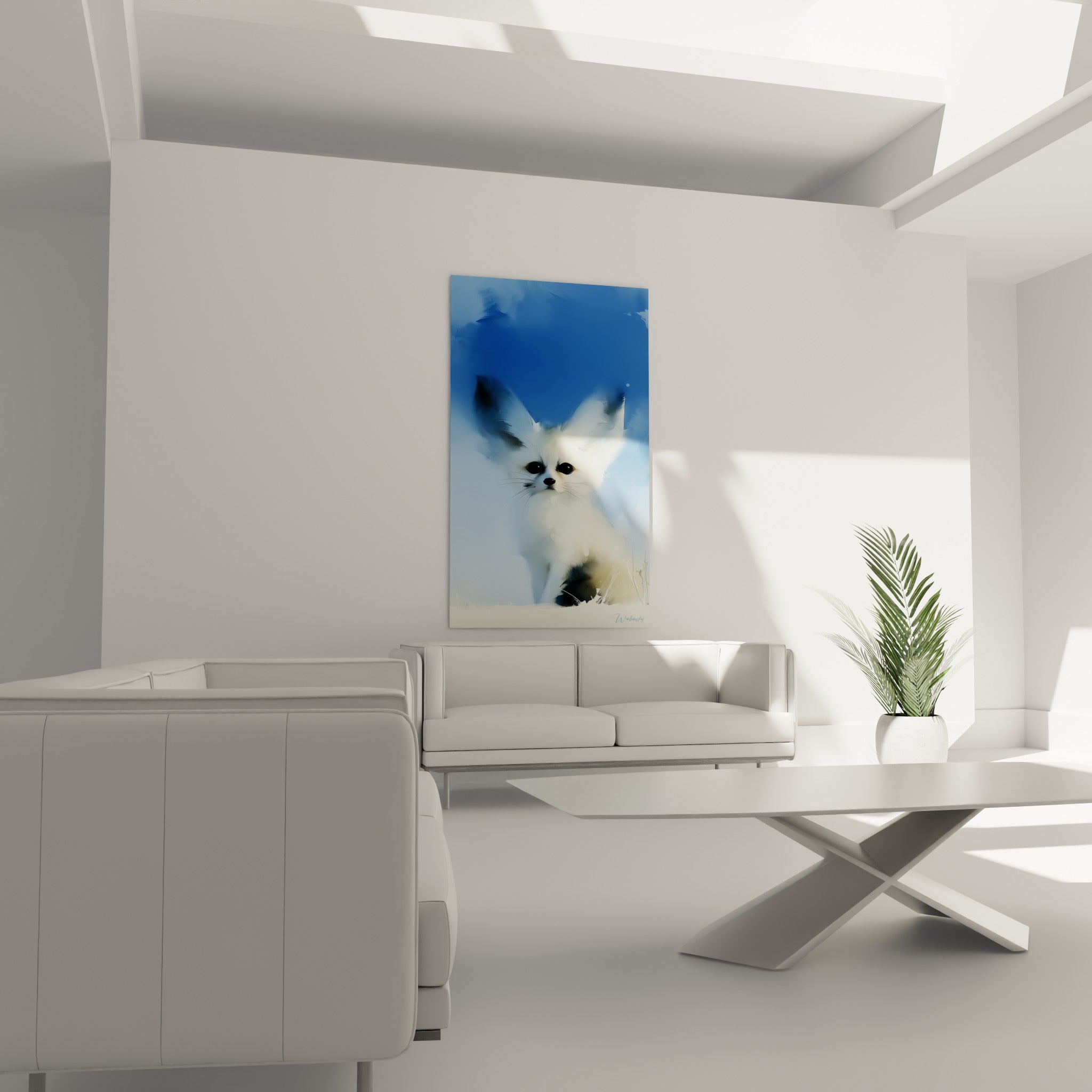 Museau noir et yeux perçants du fennec blanc sur fond bleu, au-dessus d'un canapé dans un salon lumineux