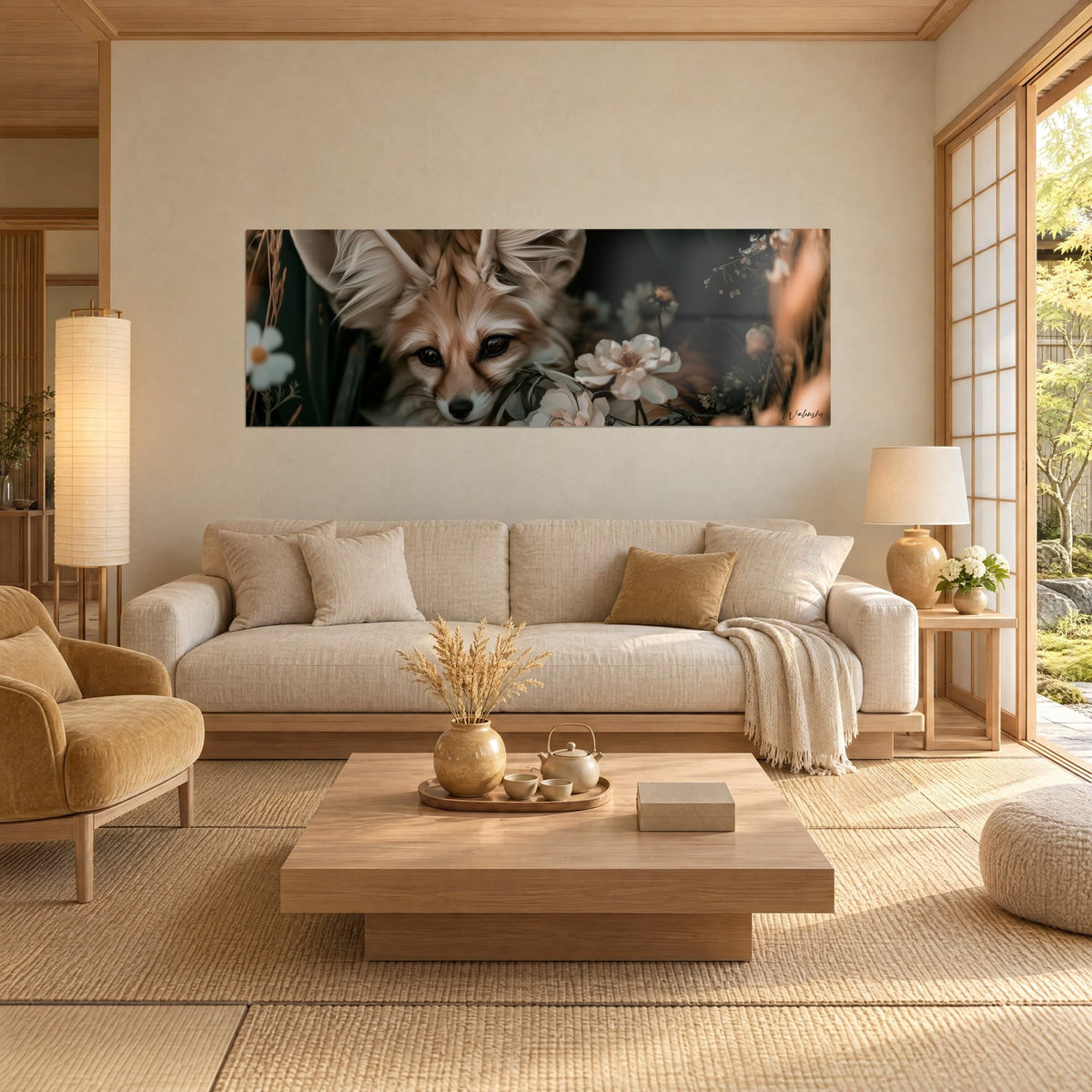 Wall art fennec fox with large beige and cream ears, surrounded by white flowers, hung above a sofa in a bright living room