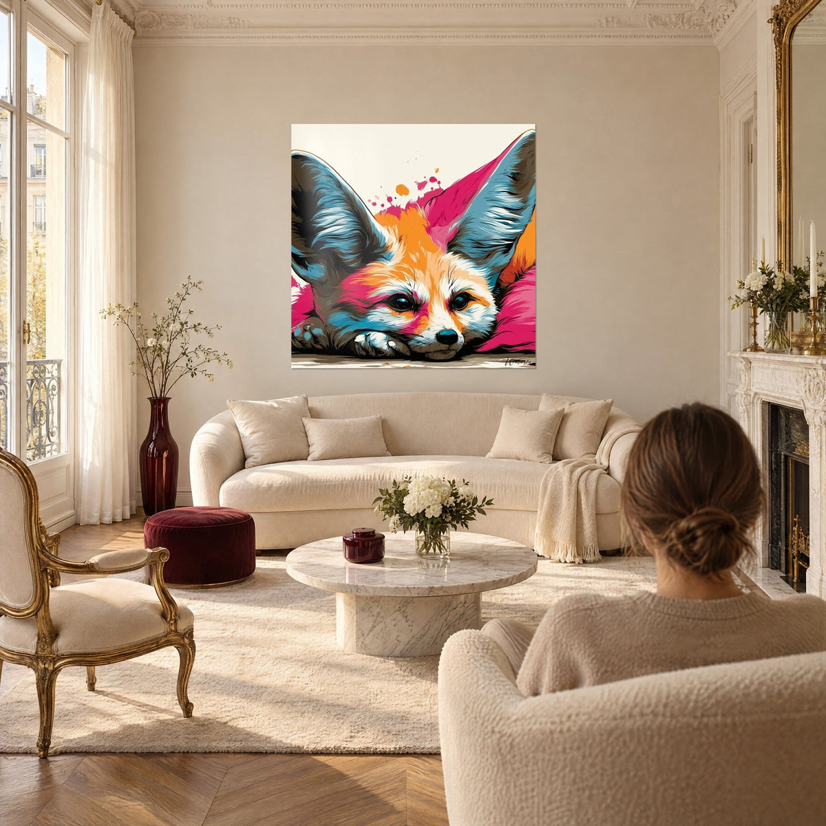 Wall art desert fox with large ears in fuchsia and sky blue, black muzzle, above a sofa in a bright living room