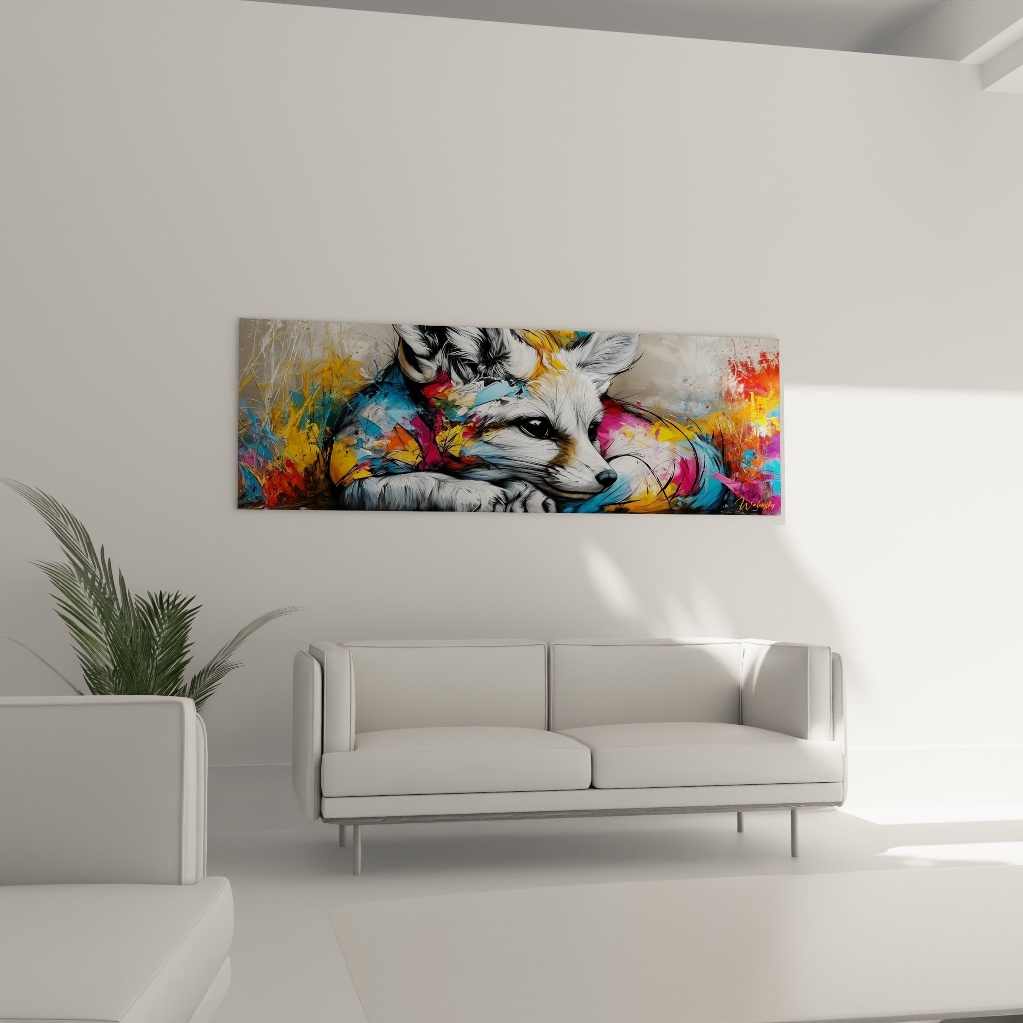 Museau noir du fennec entouré de touches roses et bleu ciel, au-dessus d'un canapé dans un salon lumineux