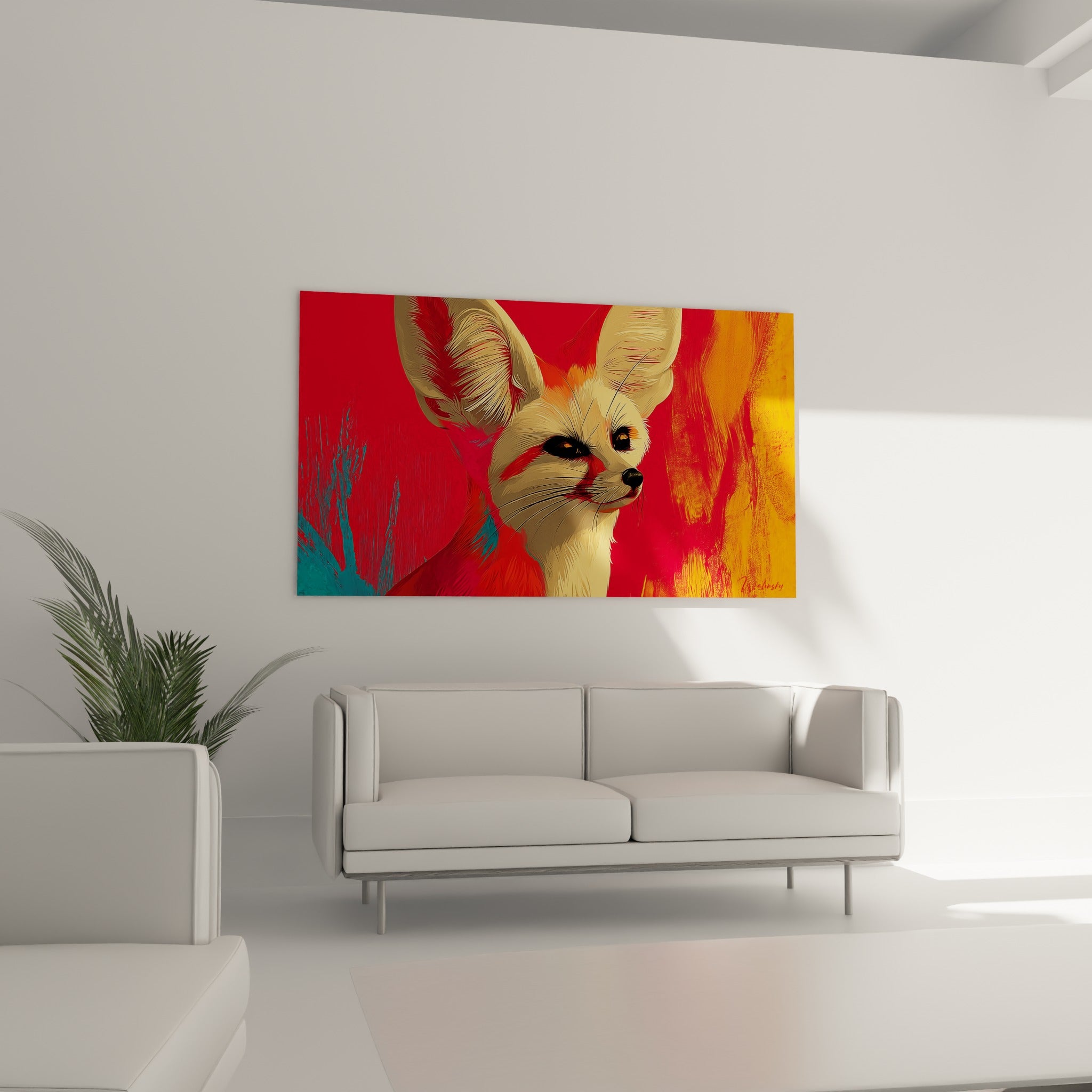 Museau fin et moustaches blanches du fennec beige sur fond turquoise et rouge, au-dessus d'un canapé dans un salon lumineux