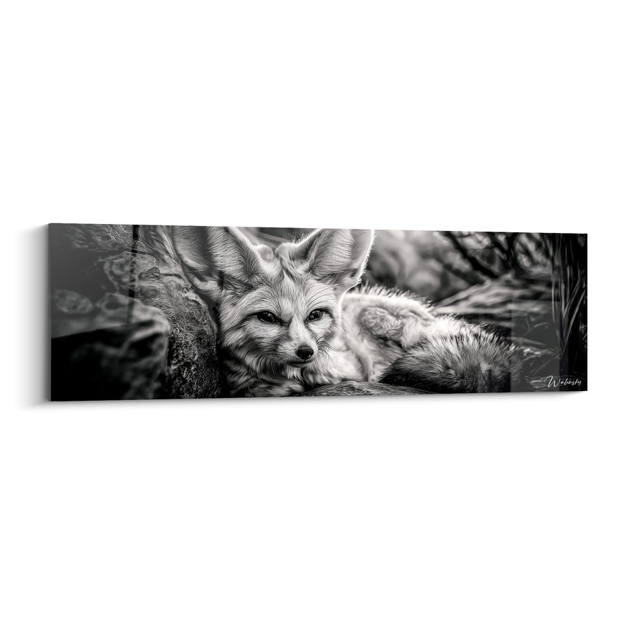 Tableau Fennec noir et blanc allongé sur roche - Vigilance au repos - Edition Fennec