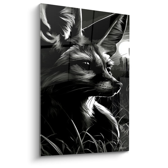 Fennec noir et blanc, regard perçant, oreilles dressées sous une pleine lune du désert