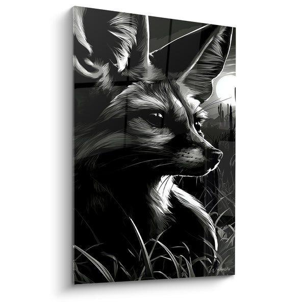 Tableau Fennec noir et blanc sous lune de désert - Silhouette de cactus lointains - Edition Fennec