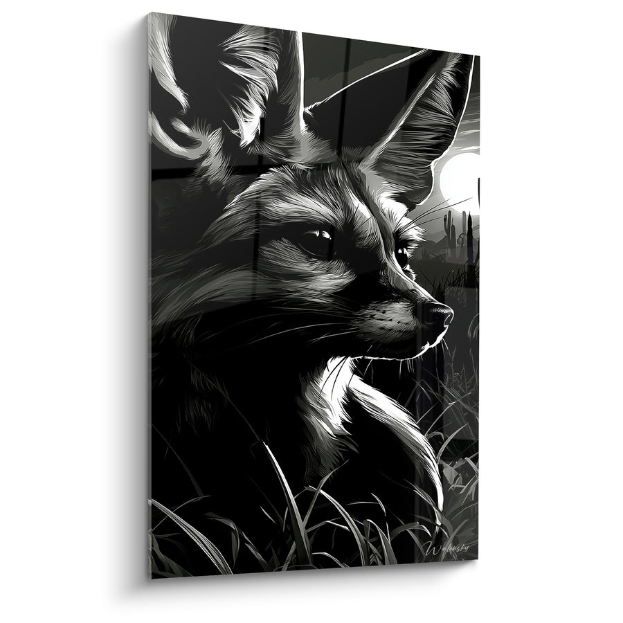 Tableau Fennec noir et blanc sous lune de désert - Silhouette de cactus lointains - Edition Fennec