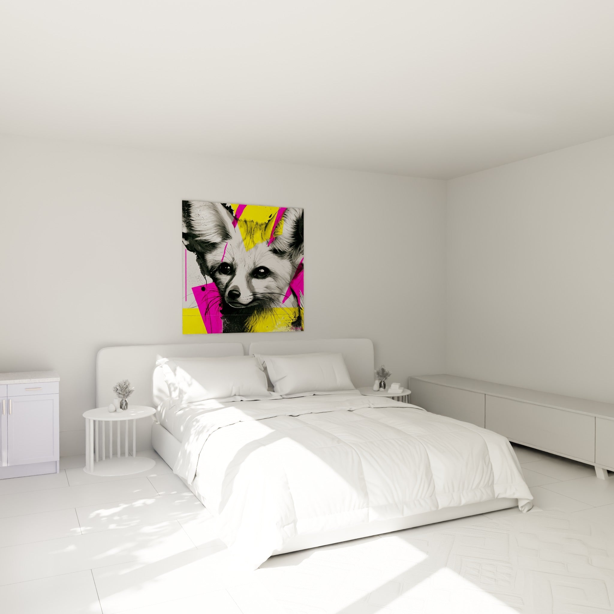 Renardeau au regard intense, touches roses et jaunes vives, au-dessus d'un lit dans une chambre claire