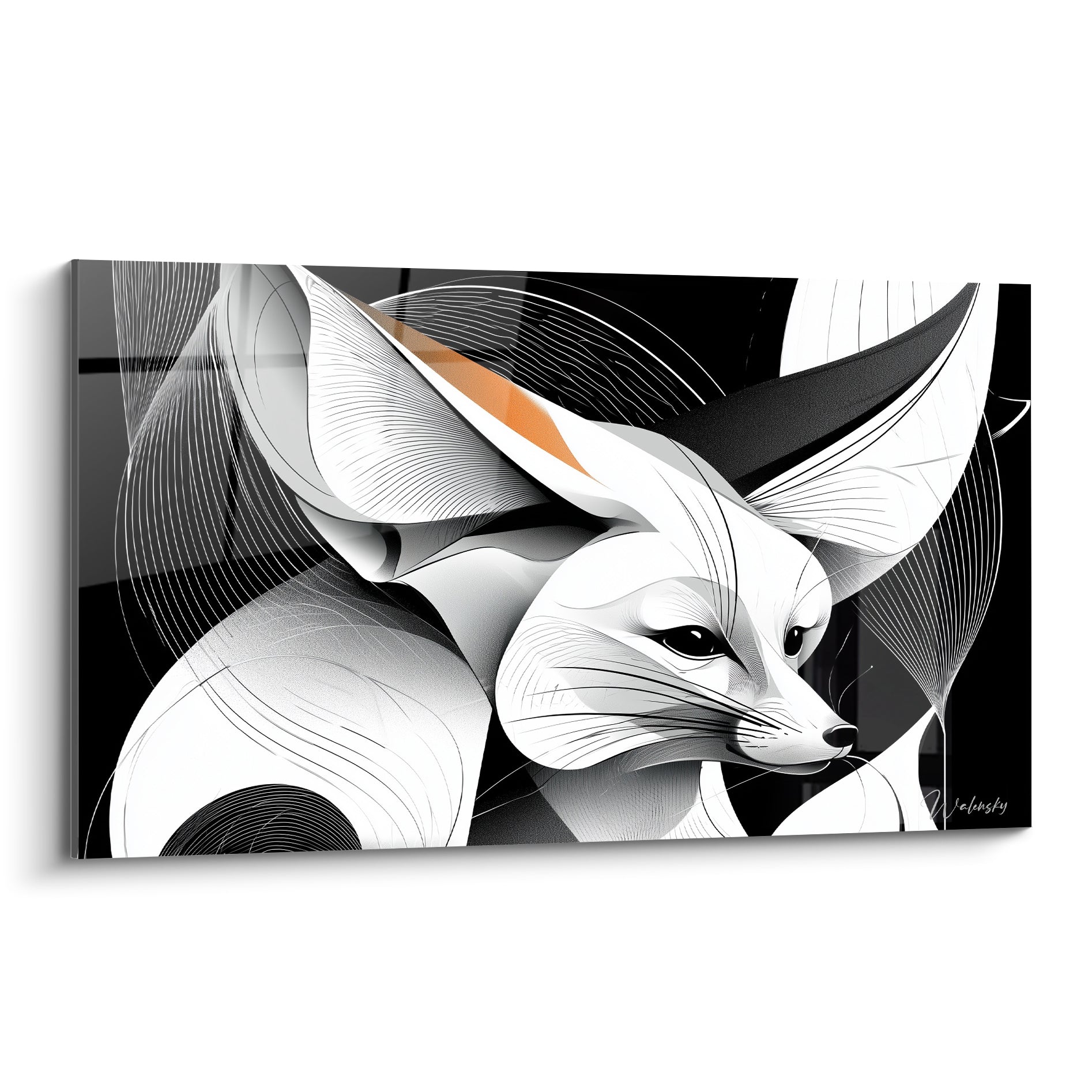 Fennec au museau blanc et oreilles noires striées, portrait graphique en gros plan