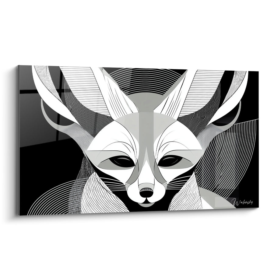 Tableau Fennec noir et blanc aux oreilles concentriques - Motif linéaire graphique - Edition Fennec