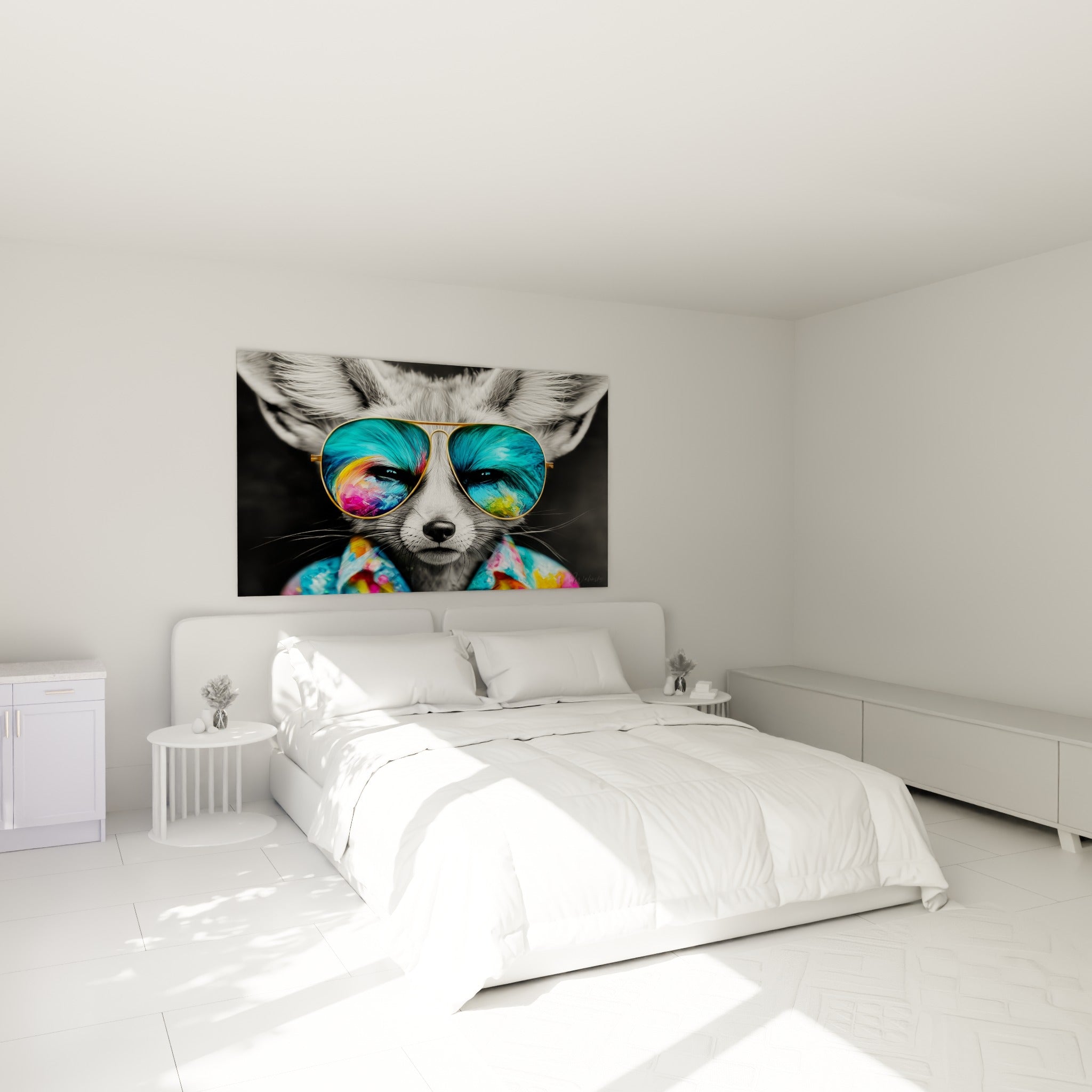 Museau fin et oreilles duveteuses du fennec turquoise et rose au-dessus d'un lit dans une chambre claire