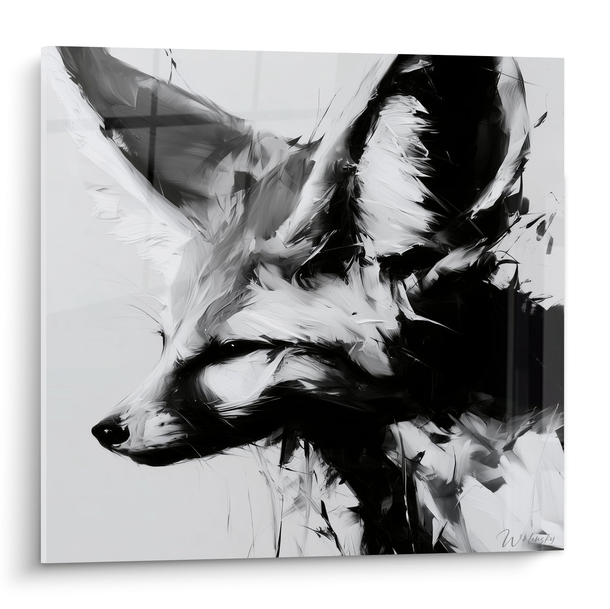 Fennec de profil aux oreilles noires et blanches, peinture expressive à touches griffées