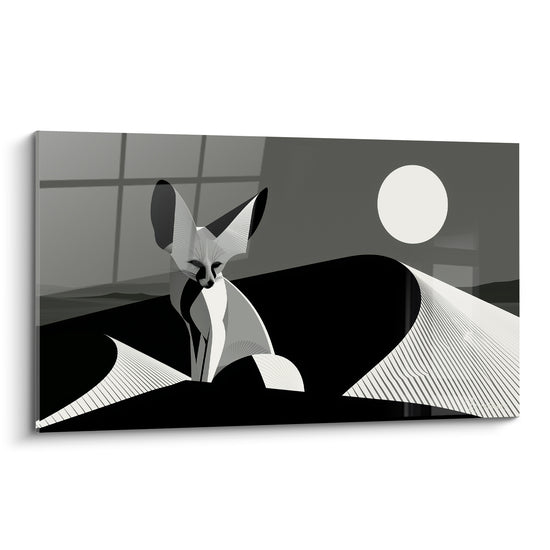 Fennec noir et blanc dressé sur une dune sous une pleine lune blanche éclatante