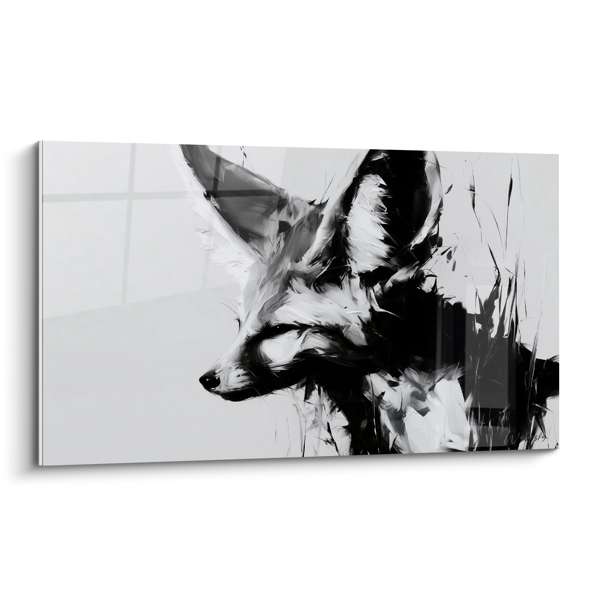 Fennec noir et blanc aux oreilles dressées, portrait pictural expressif sur fond gris clair