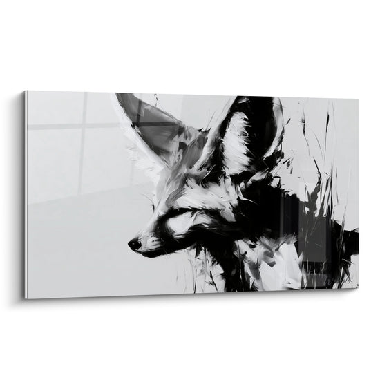Fennec noir et blanc aux oreilles dressées, portrait pictural expressif sur fond gris clair