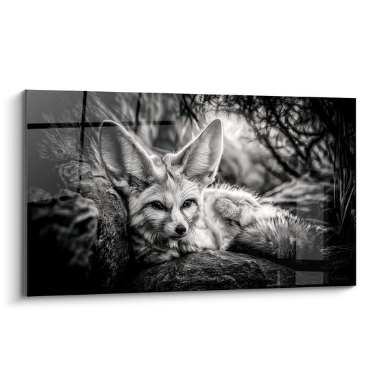 Fennec noir et blanc allongé entre des rochers, oreilles dressées, regard perçant vers l'objectif