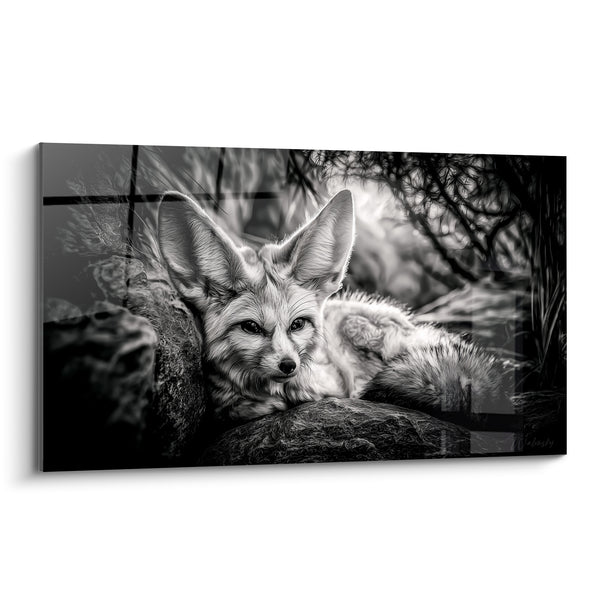 Tableau Fennec noir et blanc allongé sur un rocher - Végétation en contre-jour - Edition Fennec