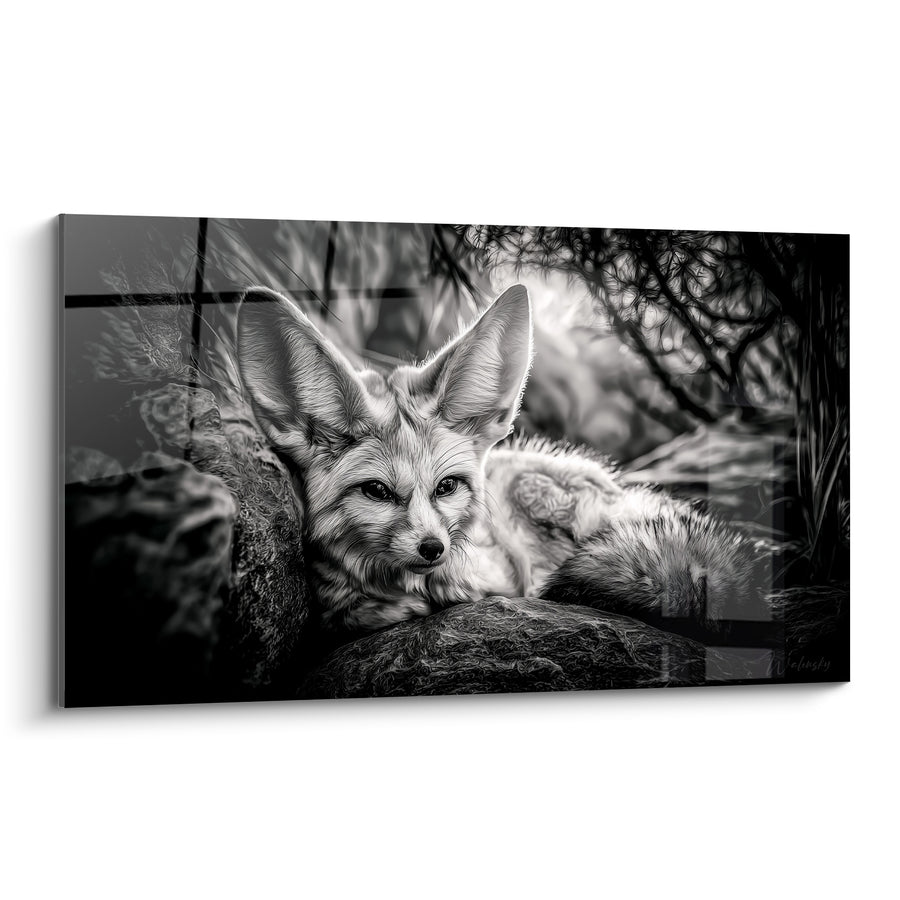 Tableau Fennec noir et blanc allongé sur un rocher - Végétation en contre-jour - Edition Fennec