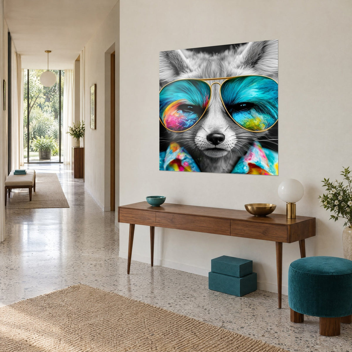 Gemälde cooler Fennek im geblümten Hemd, goldenes Gestell, Reflexe in Rosa, Gelb und Blau, an einer beigen Wand neben einer Holzkonsole