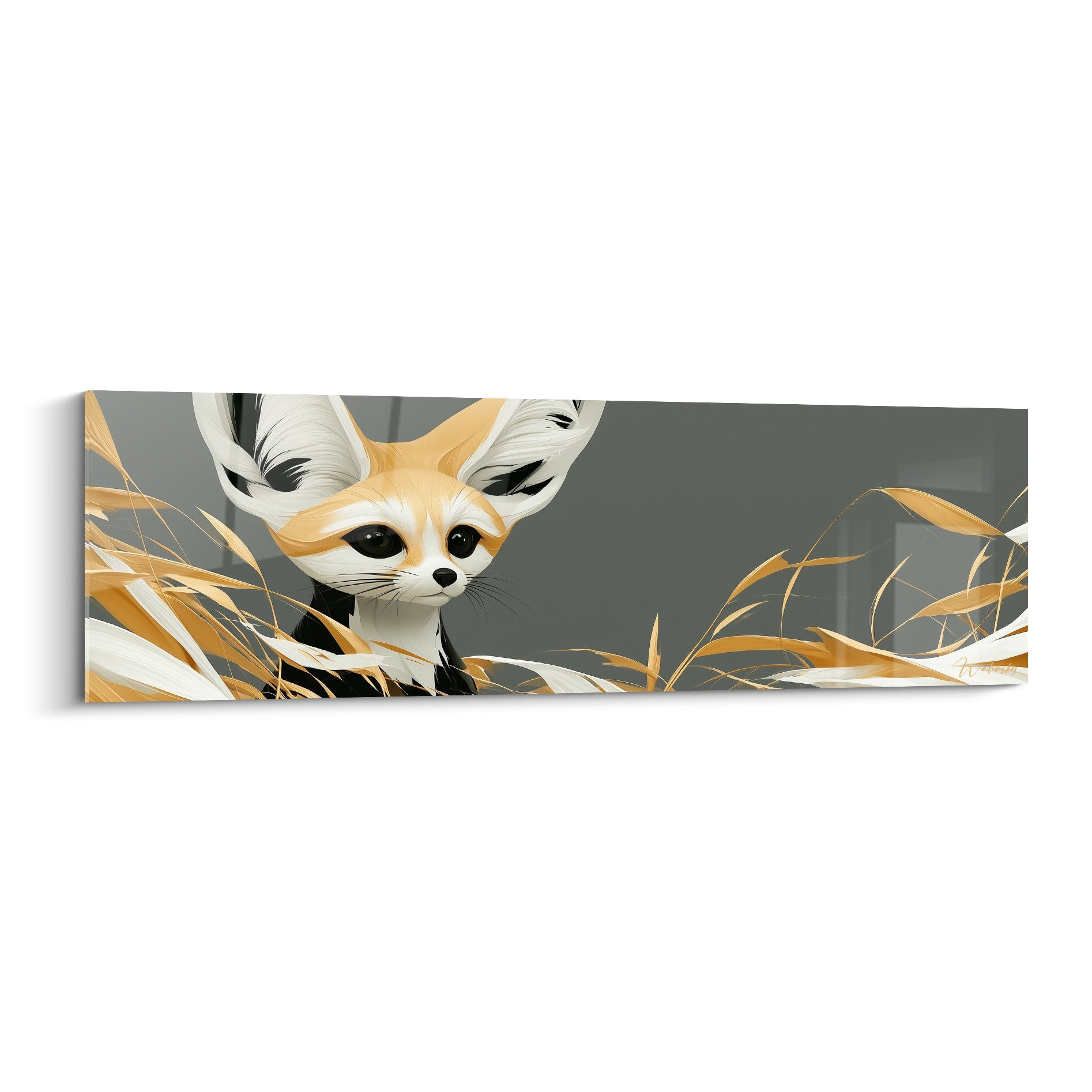 Fennec ocre et blanc aux grands yeux noirs, fond anthracite et herbes dorées