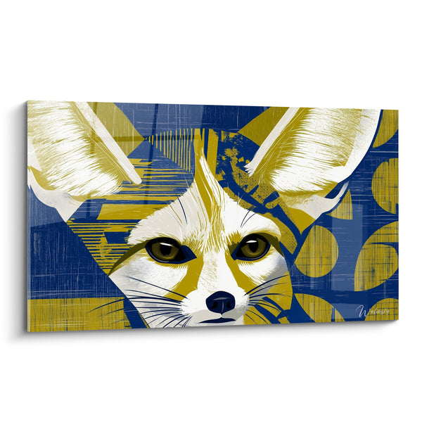 Tableau Fennec jaune moutarde et bleu marine à motifs géométriques - Cercles et rayures graphiques - Edition Fennec