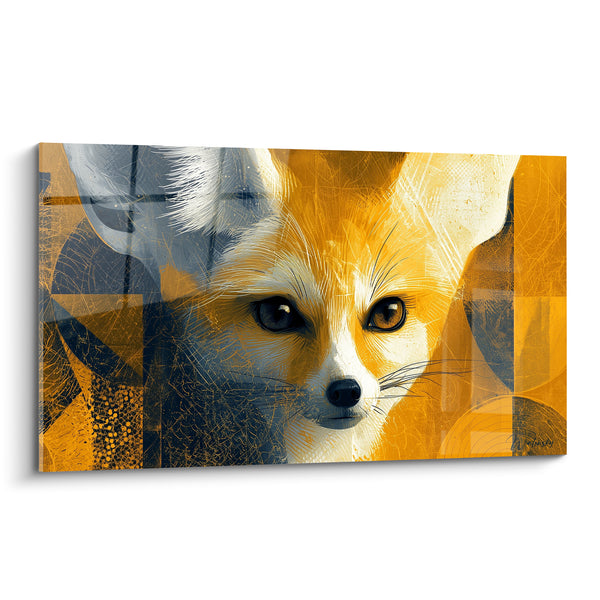 Tableau Fennec ocre et bleu marine motifs texturés - Regard mordoré intense - Edition Fennec