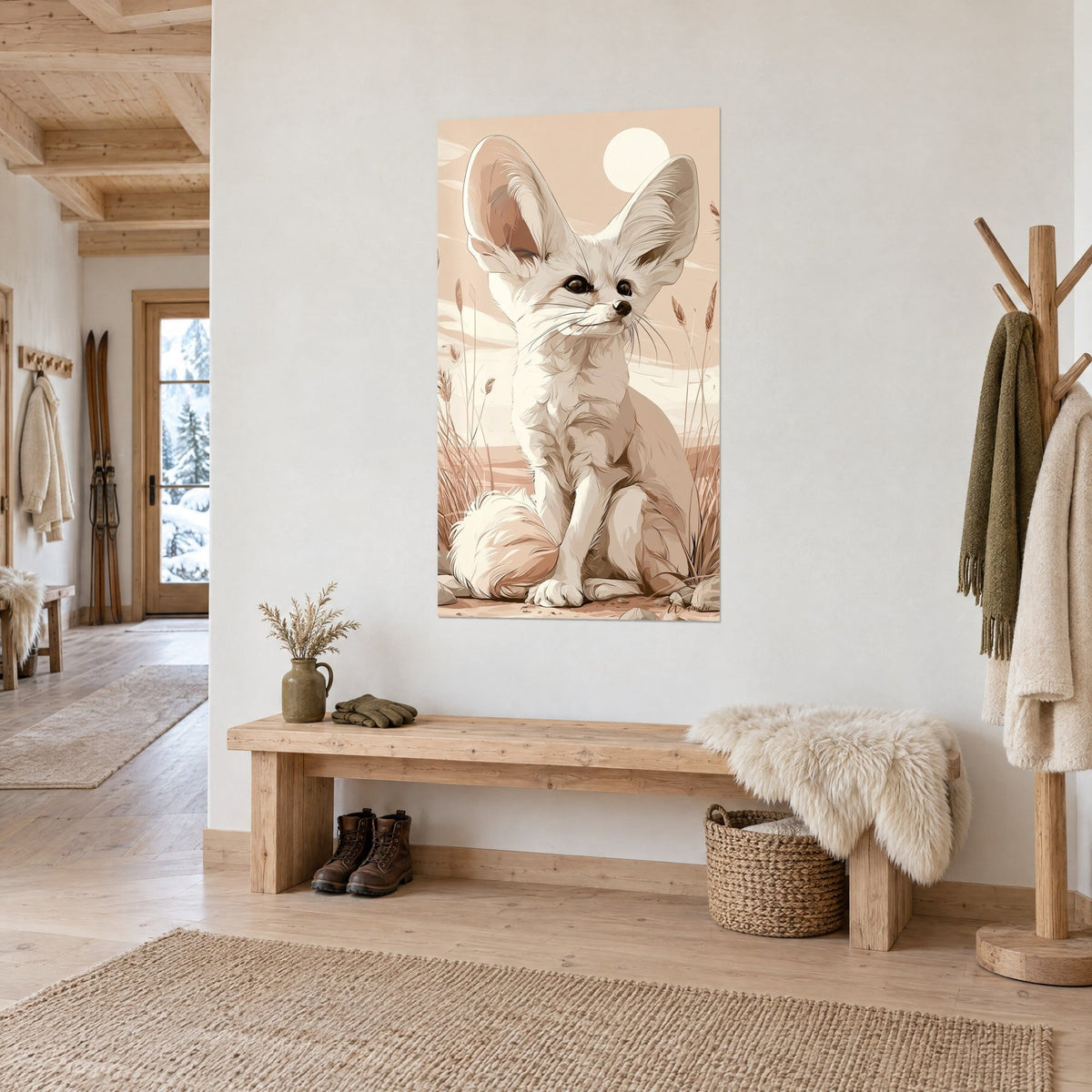 Wall art small seated fennec fox, ivory fur and fluffy pink tail, white sun, three-quarter view in a wooden hallway