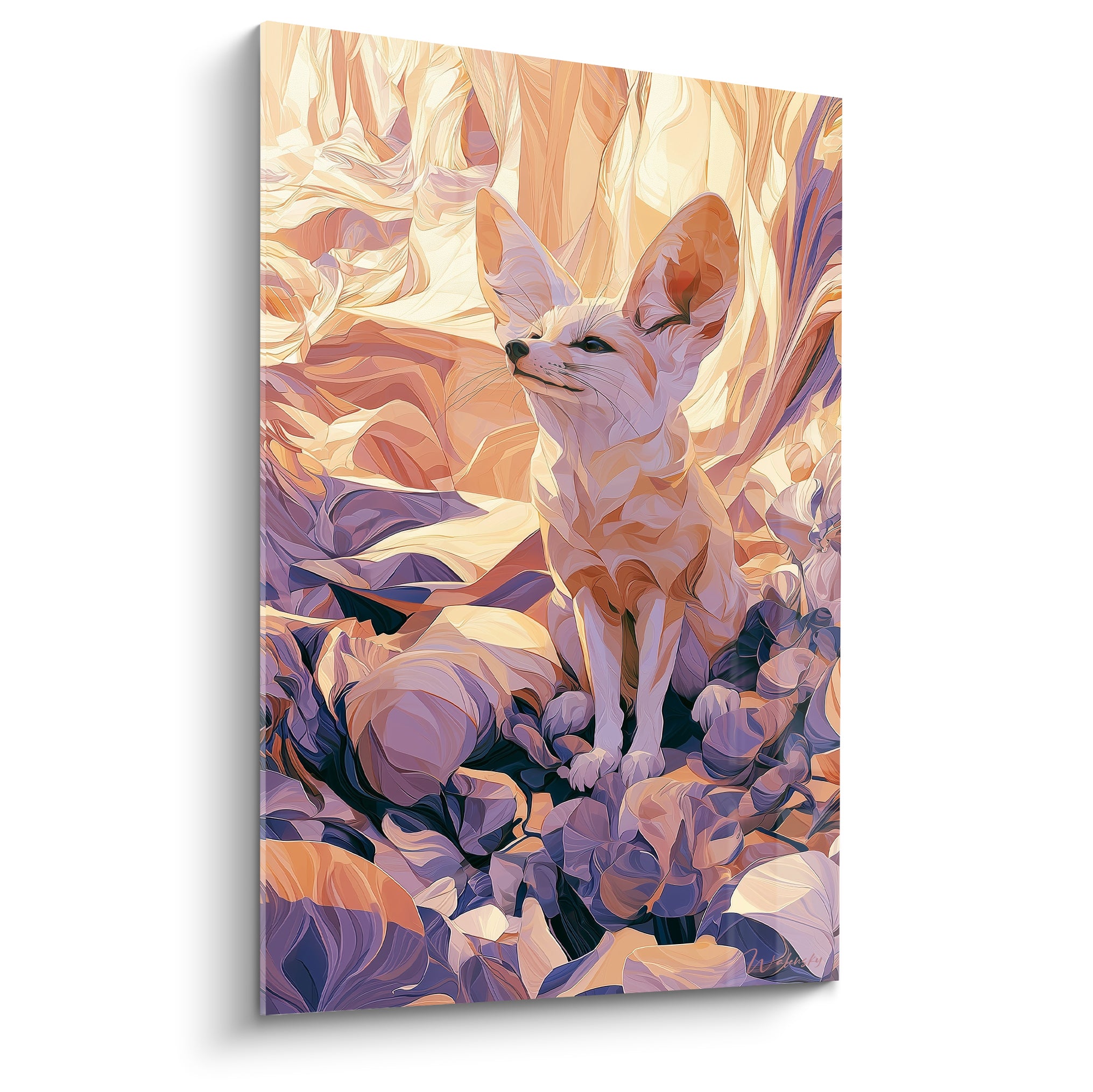 Fennec au pelage ocre et beige, oreilles dressées, décor rocheux mauve stylisé en arrière-plan