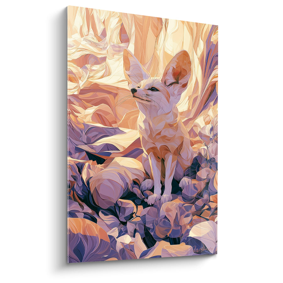 Tableau Fennec pêche et violet parmi les rochers drapés - Museau levé au ciel - Edition Fennec