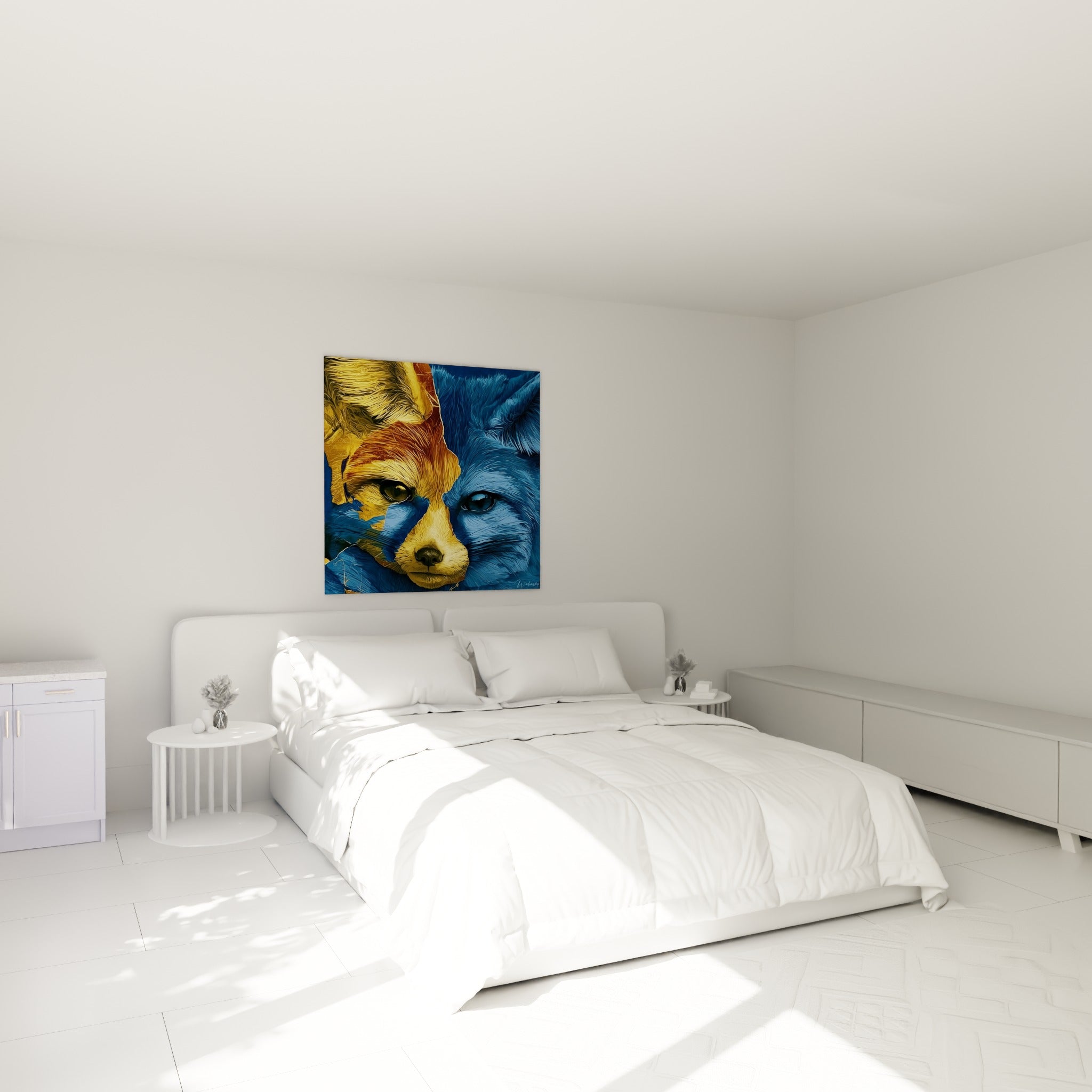 Museau et yeux du fennec doré et bleu nuit, au-dessus d'un lit dans une chambre claire