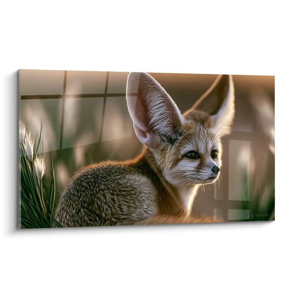 Tableau Fennec roux et vert parmi les herbes plumeuses - Lumière dorée rasante - Edition Fennec