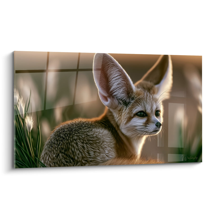 Tableau Fennec roux et vert parmi les herbes plumeuses - Lumière dorée rasante - Edition Fennec