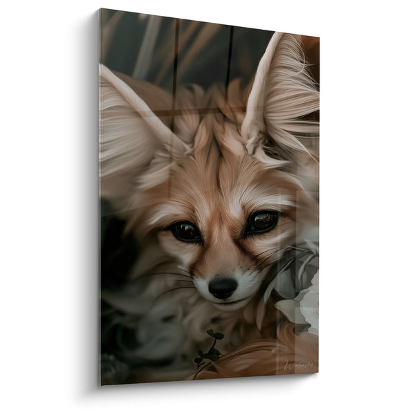 Tableau Fennec beige et brun parmi les fleurs blanches - Regard sombre intense - Edition Fennec