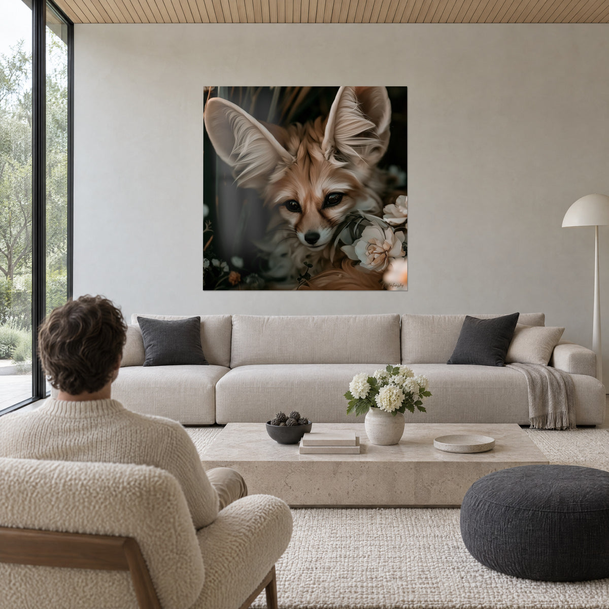 Schilderij van een woestijnvosje met enorme beige en crèmekleurige oren tussen bleke rozen, boven een bank in een lichte woonkamer