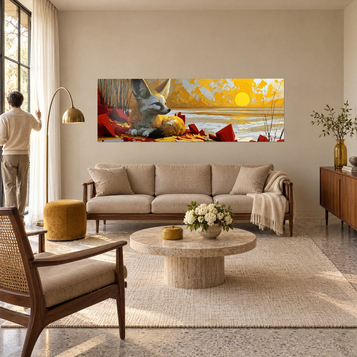 Wall art fennec fox with huge ears, ivory fur and yellow tail, in front of a golden sun, above a sofa in a bright living room