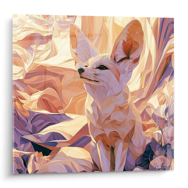 Tableau Fennec ocre et violet parmi les drapés satinés - Motif façonné en tissu - Edition Fennec