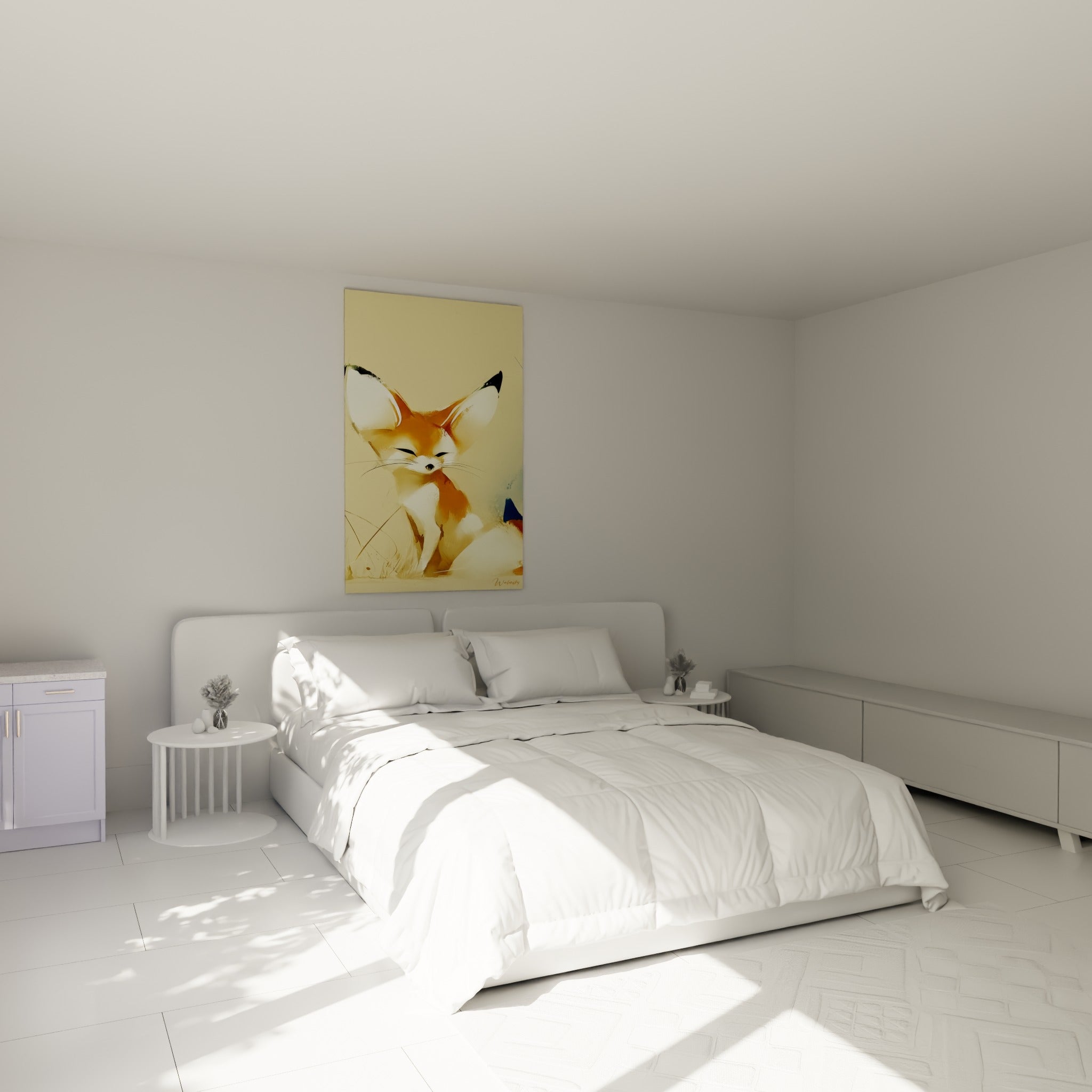 Museau du fennec endormi entre orangé et crème, accroché au-dessus d'un lit dans une chambre claire