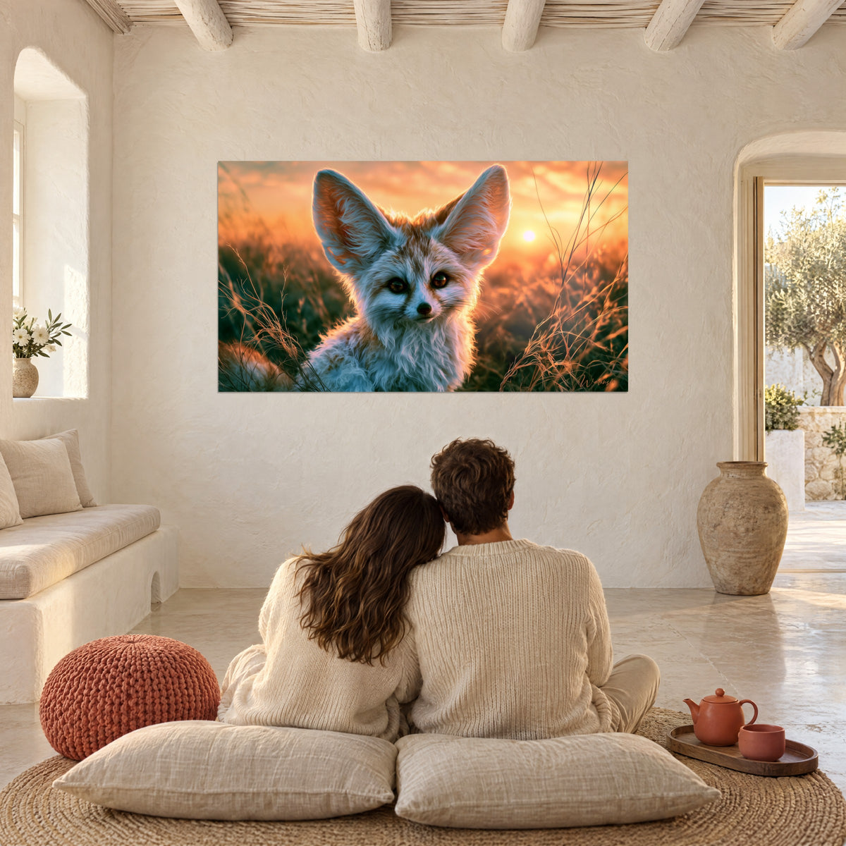 Gemälde Wüstenfuchs mit rosigen Ohren in einem bernsteinfarbenen Feld in der Abenddämmerung, ockerfarbene Wand eines mediterranen Raumes
