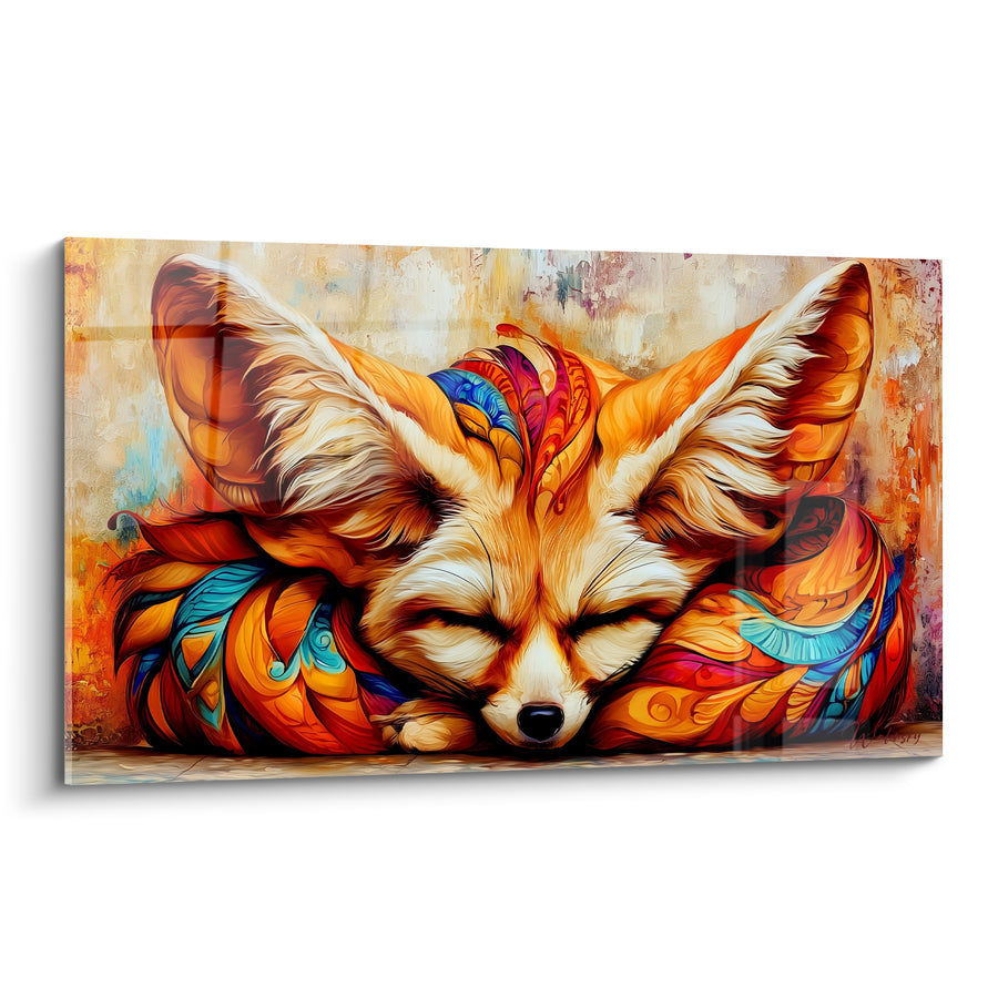 Tableau Fennec endormi aux motifs orange et turquoise - Sieste enveloppée - Edition Fennec