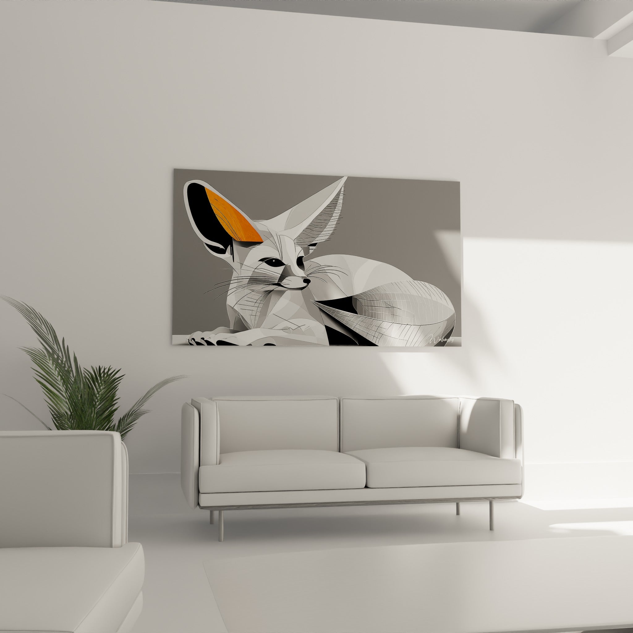 Fennec stylisé aux tons anthracite et orange vif installé au-dessus d'un canapé dans un salon lumineux