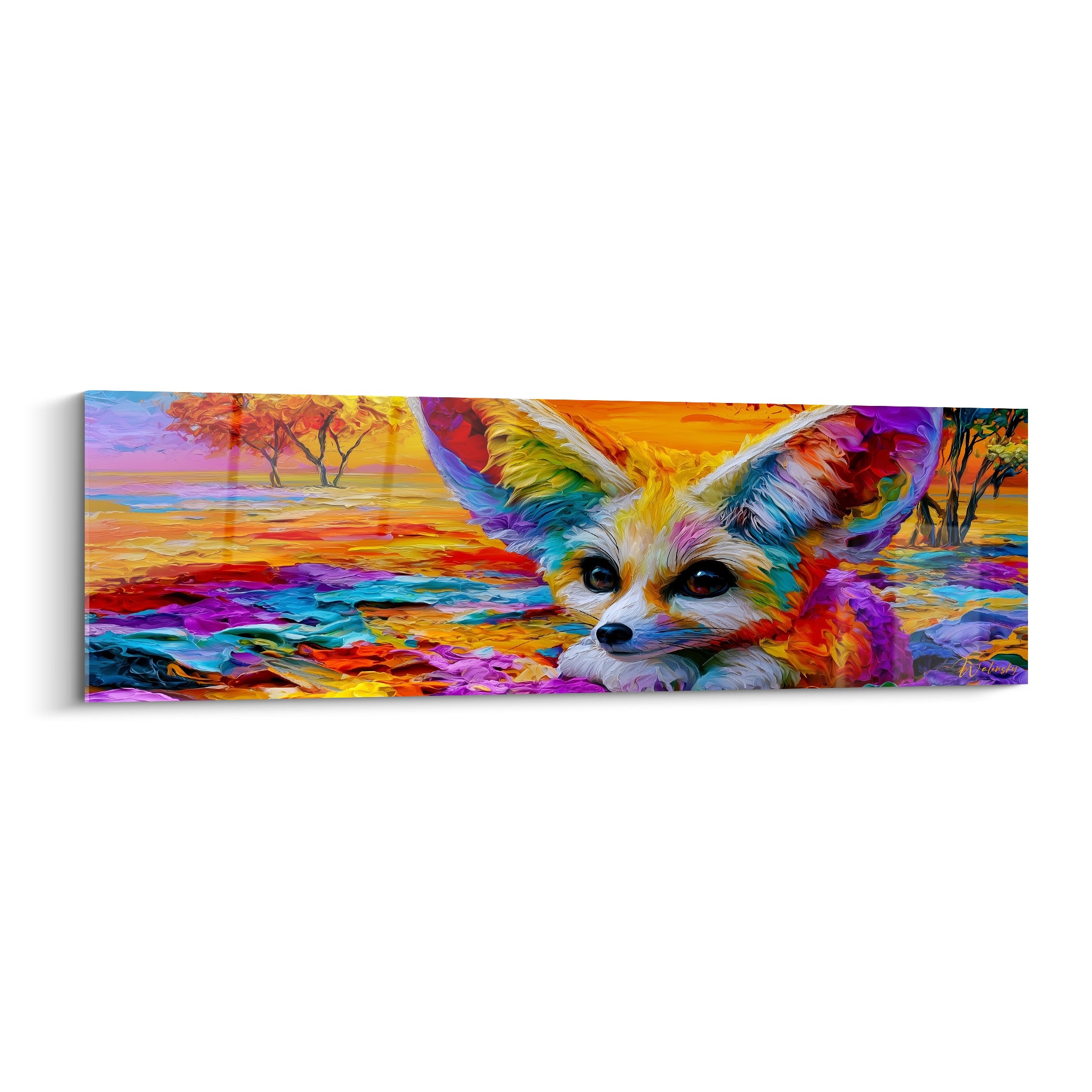Fennec au regard intense, oreilles bleu et violet, fond orange coucher de soleil peint