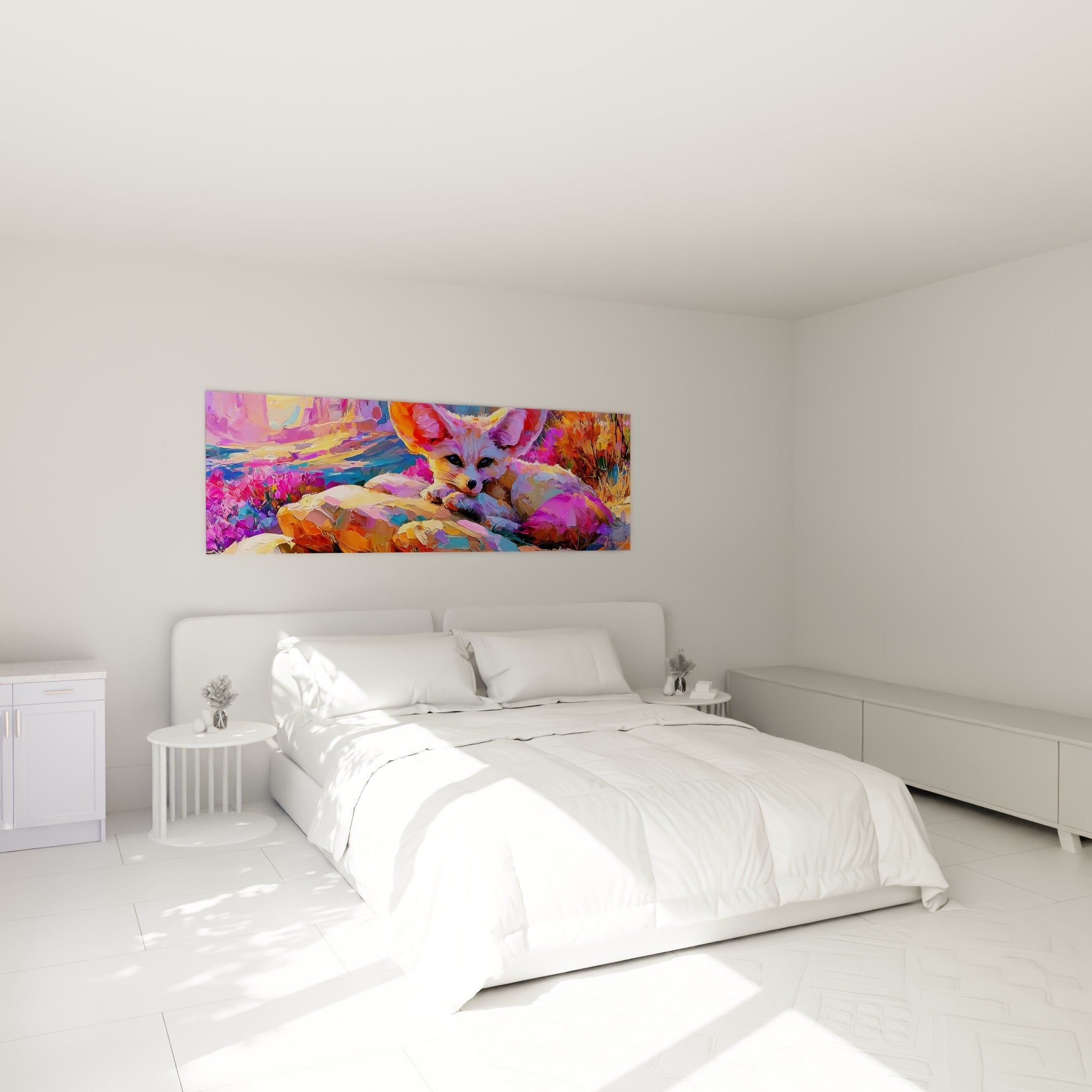 Renard des sables orangé et violet peint avec relief, au-dessus d'un lit dans une chambre claire