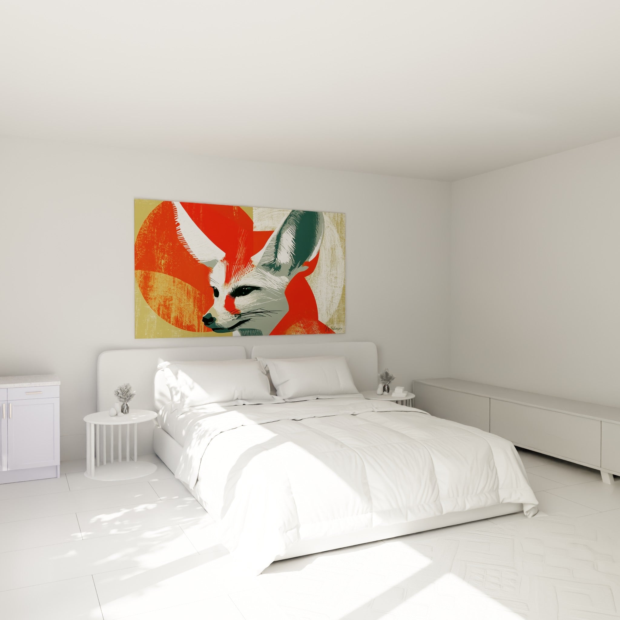Grandes oreilles anthracite et rouge du fennec au-dessus d'un lit dans une chambre claire