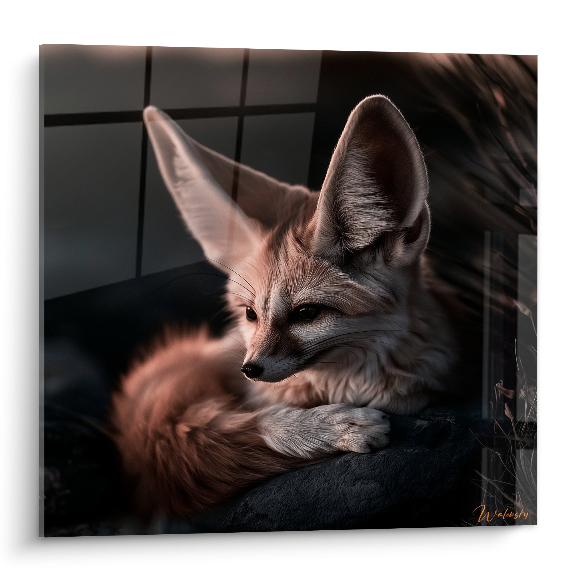 Fennec allongé au pelage beige et queue rousse, fond anthracite strié en arrière-plan