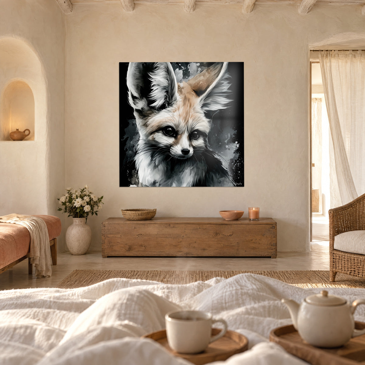 Wall art fennec fox with fluffy beige and grey ears on black background, above a bed in a light bedroom
