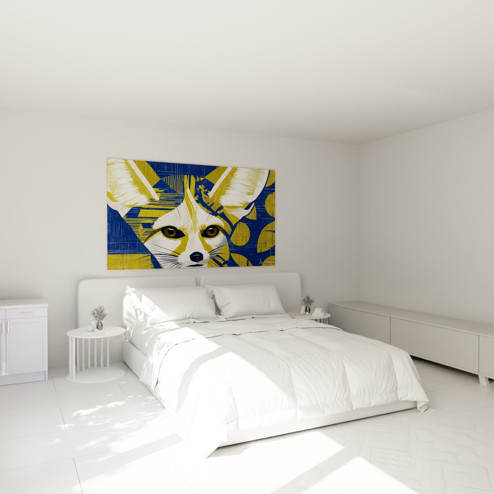 Portrait de fennec ocre et bleu marine au-dessus d'un lit dans une chambre claire