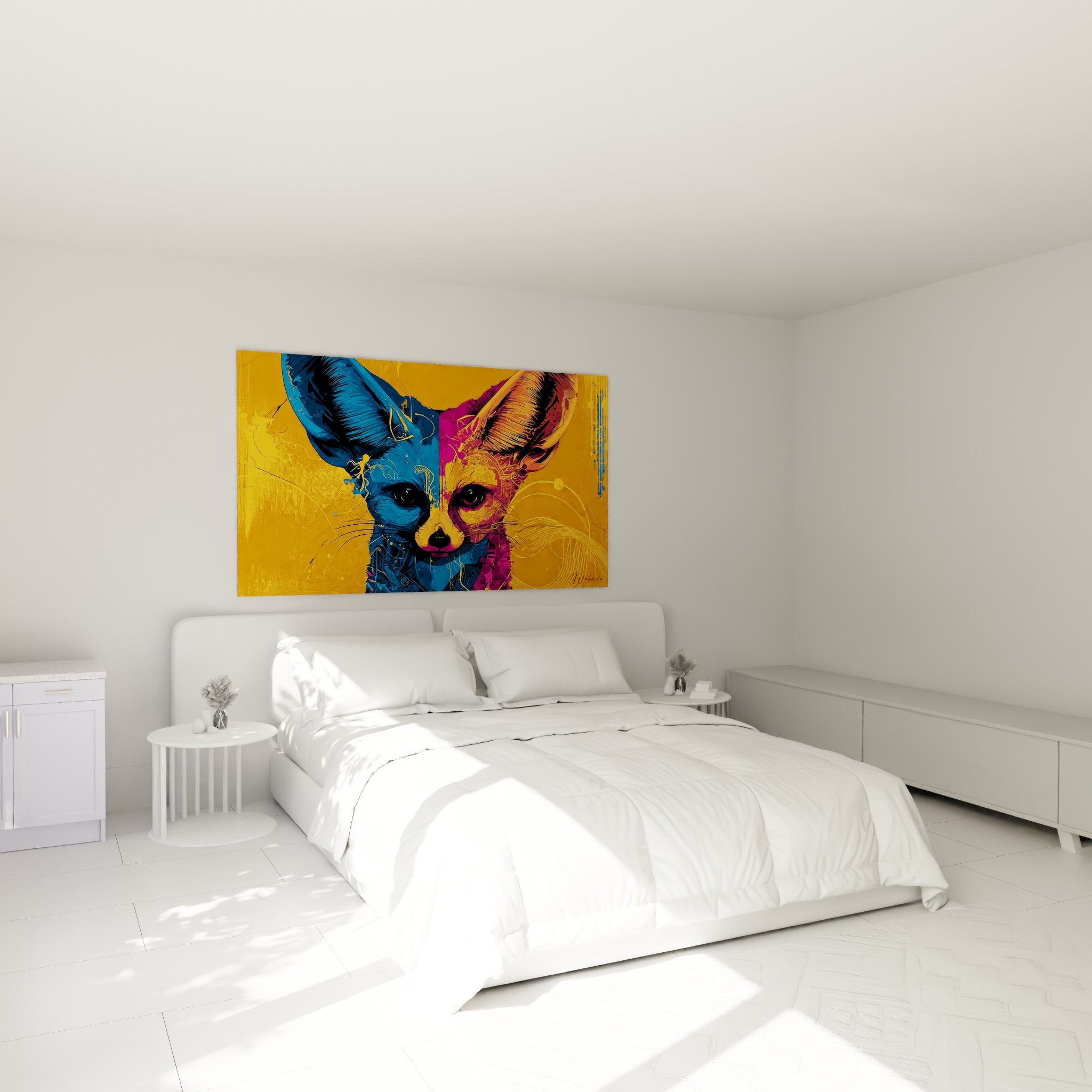 Créature du désert aux oreilles bleues et magenta, accrochée au-dessus d'un lit dans une chambre claire