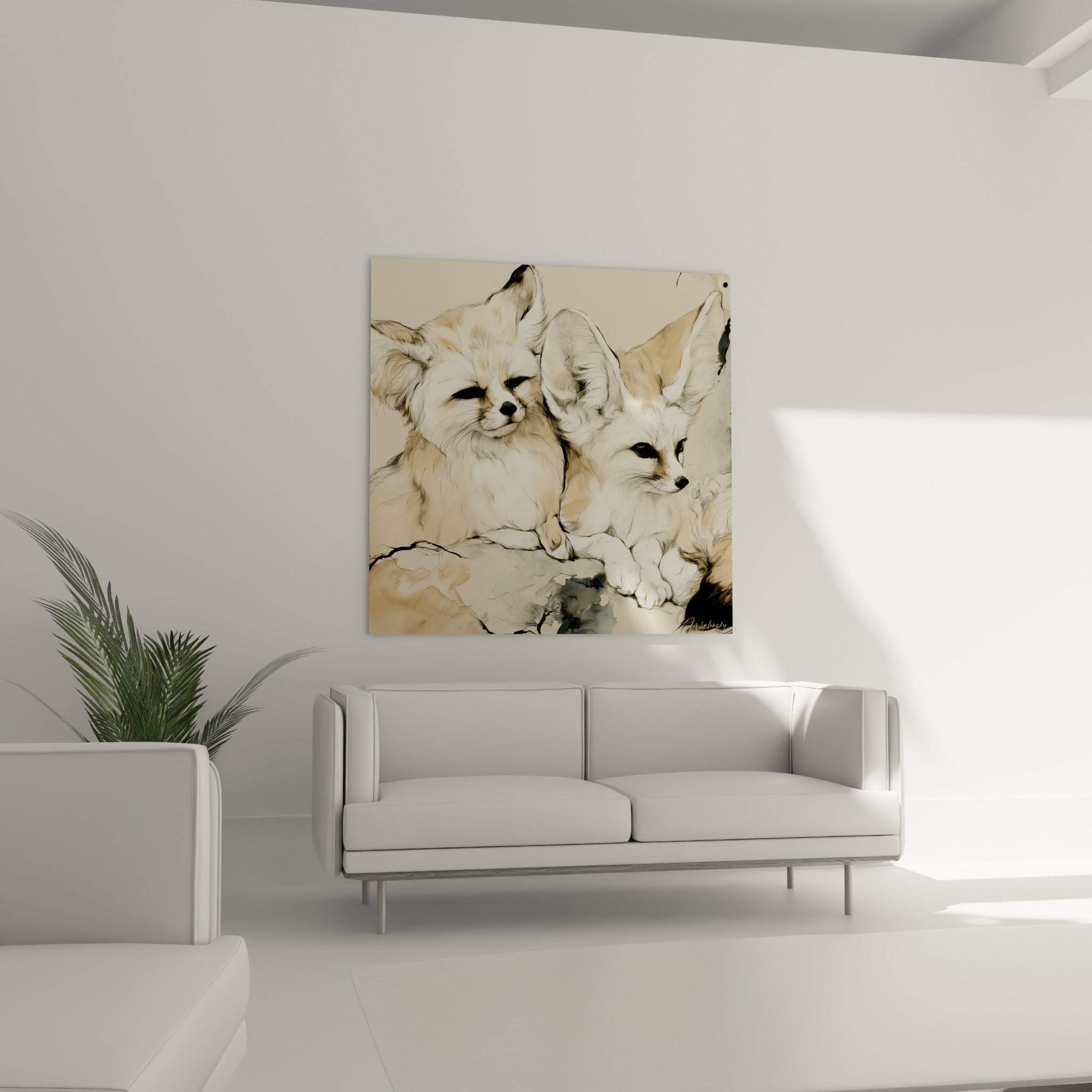Duo de fennecs sable et crème au regard tendre, suspendu au-dessus d'un canapé dans un salon lumineux