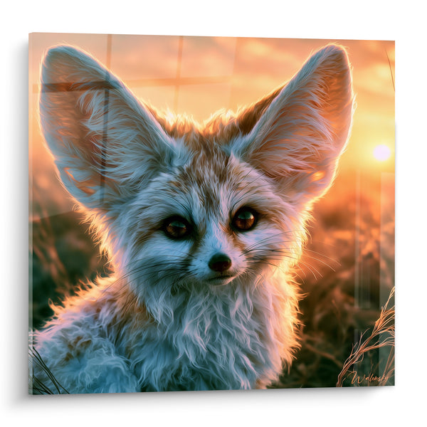 Tableau Fennec beige et orange rétroéclairé au coucher du soleil - Soleil perçant entre les herbes - Edition Fennec