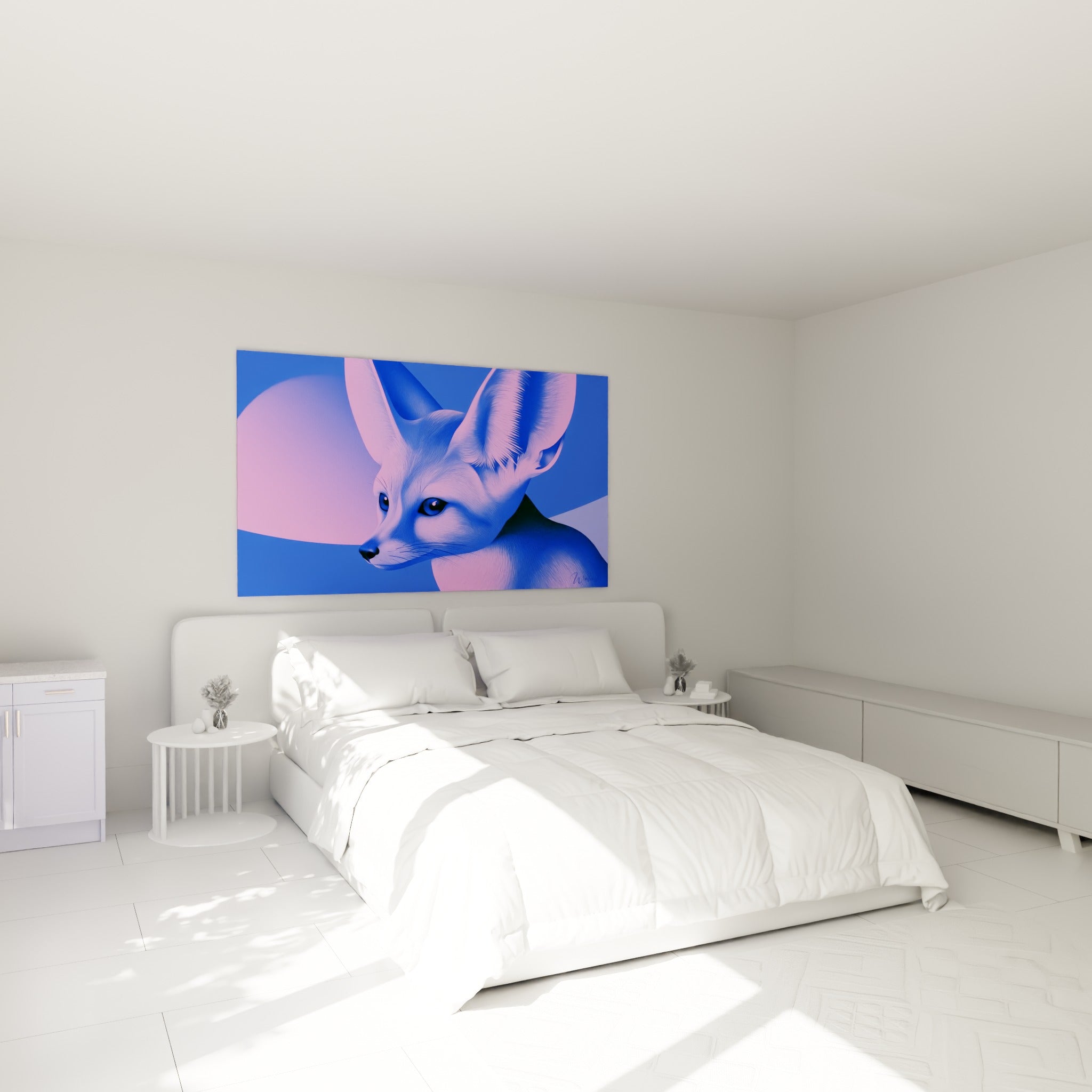 Museau et oreilles dressées du fennec bleu et rose, accroché au-dessus d'un lit dans une chambre claire
