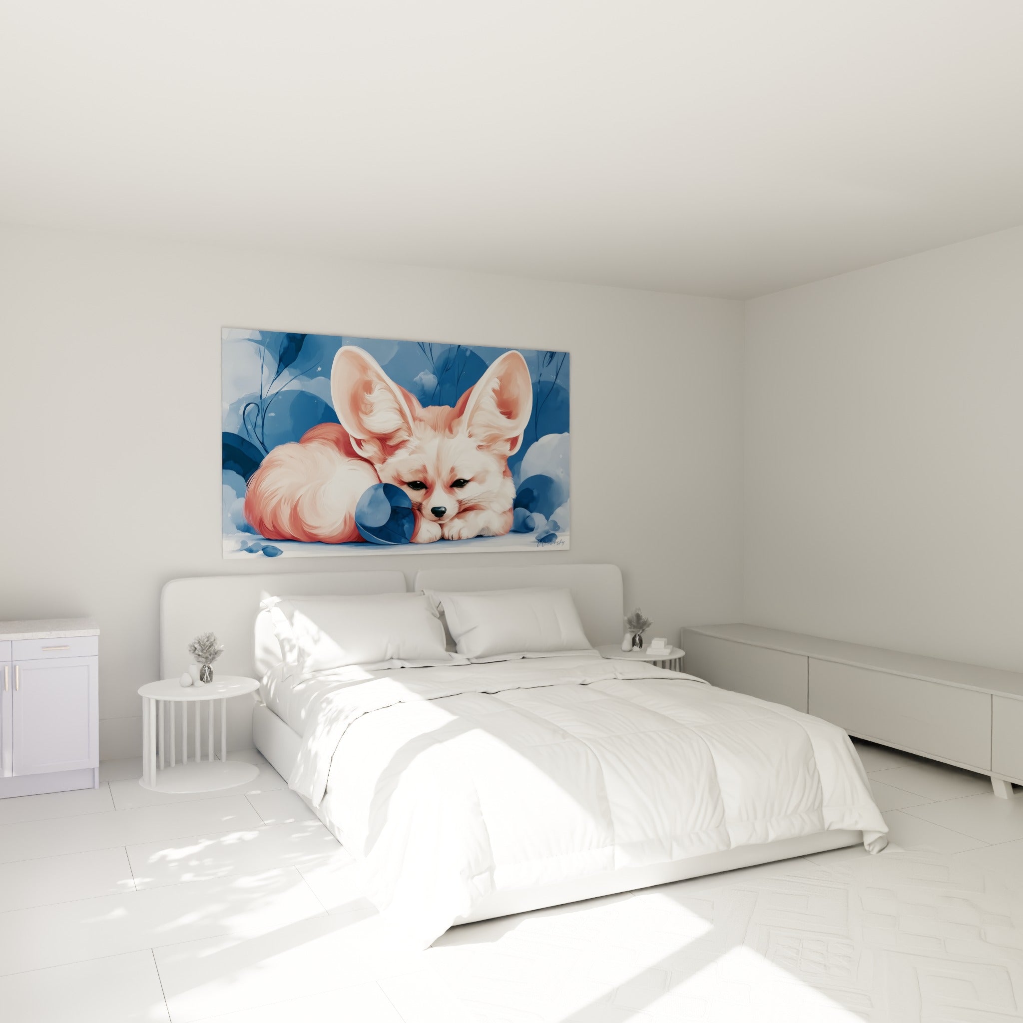 Petit fennec rose et bleu blotti, oreilles dressées, au-dessus d'un lit dans une chambre claire